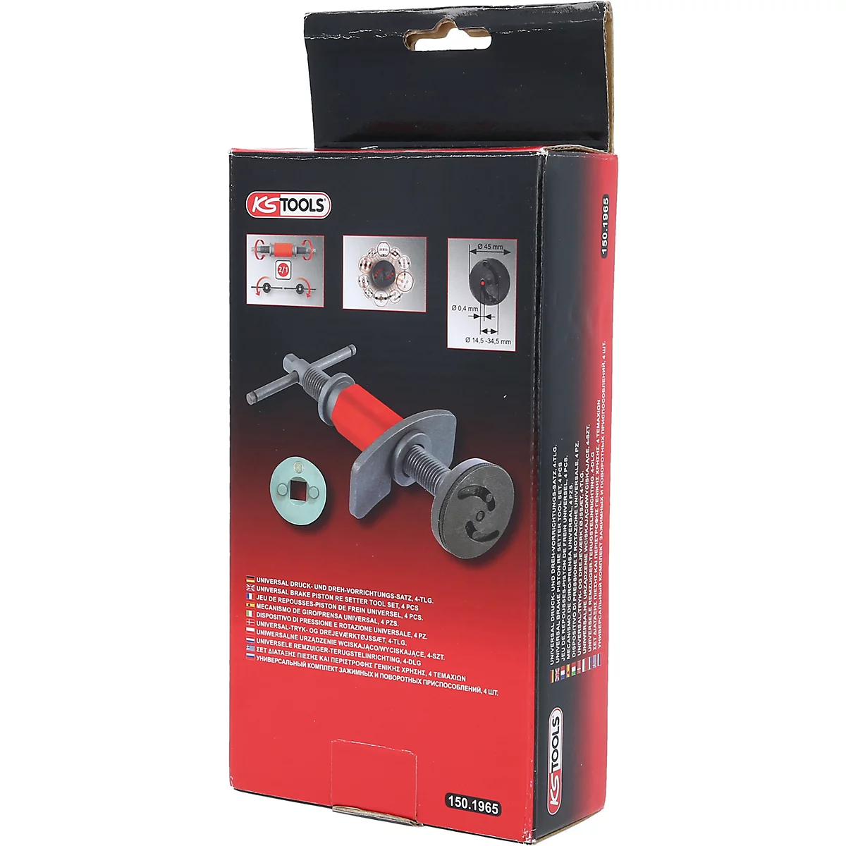 Rote und graue Werkzeugbox mit Abbildungen und Text. Ein Bremskolbenrücksteller ragt hervor.